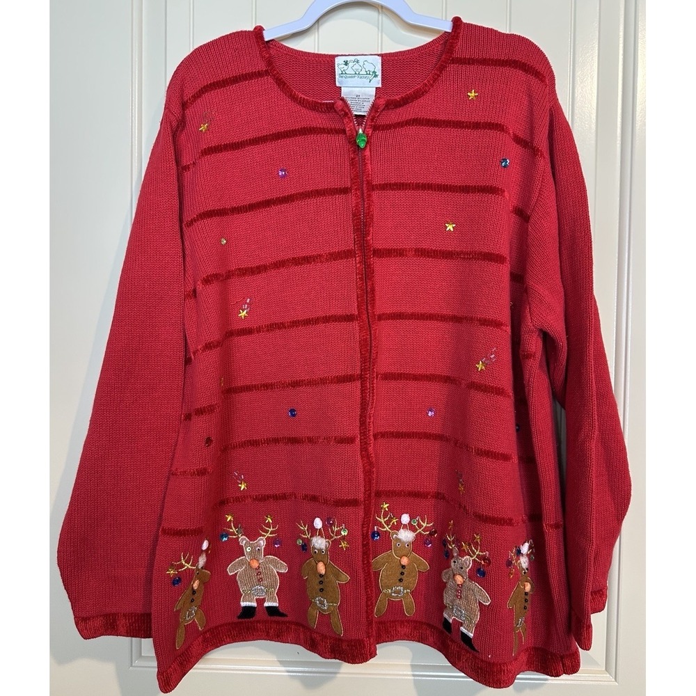 Quacker Factory jeweled Zip Up Sweater Cardigan 2X Christmas Holiday Reindeer